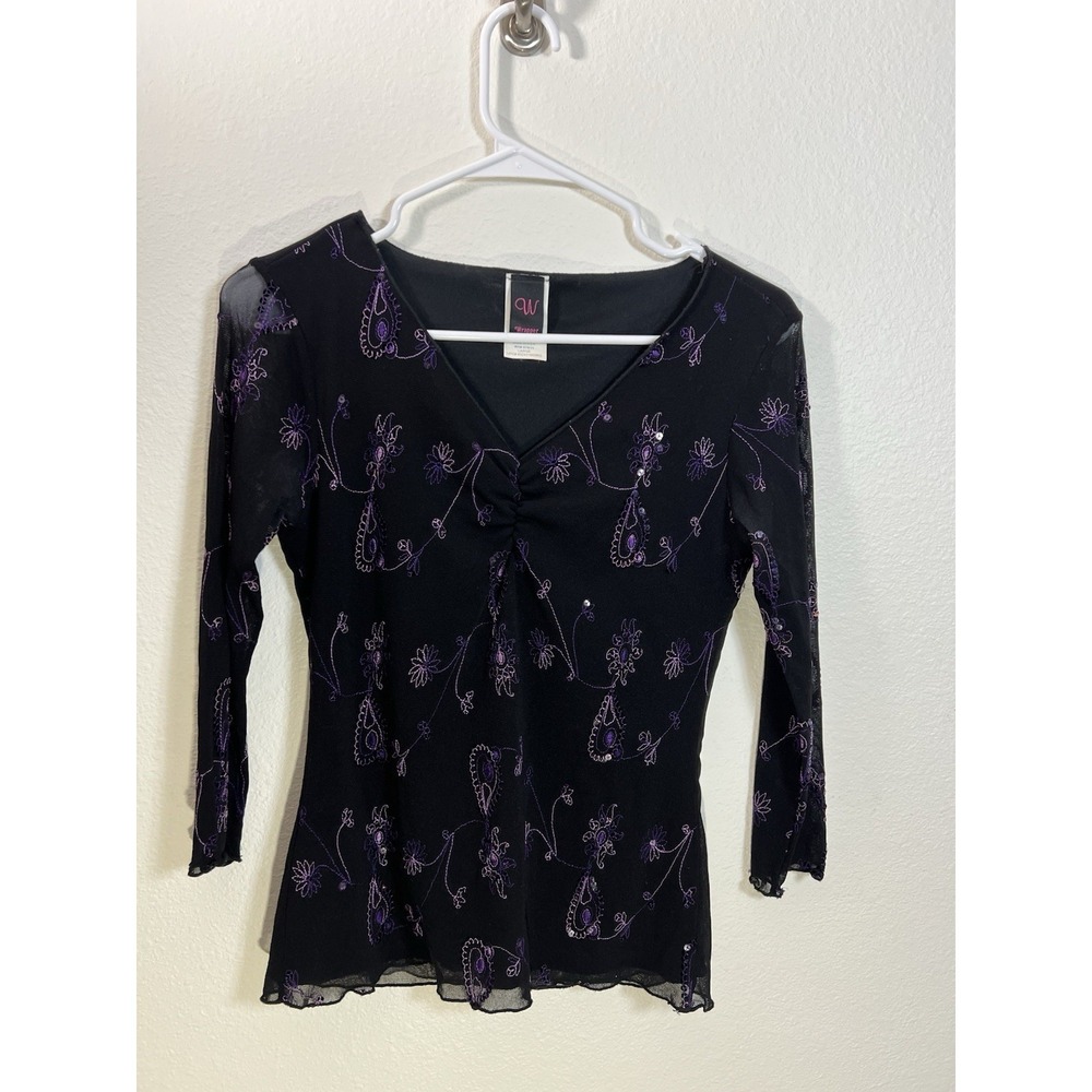 Y2K Wrapper Top L Black Floral Embroidered Sequin Mesh Grunge Whimsigoth Fairy
